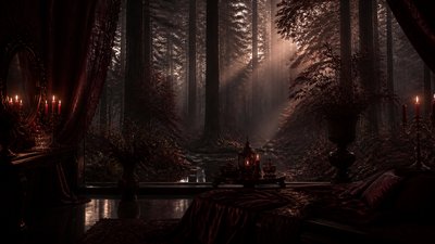 a panoramic redwood forest with light rays through mist, no people