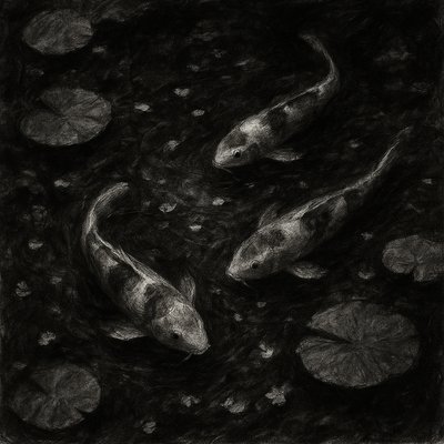 A koi pond seen from above, orange and white koi fish swimming among lily pads, clear water with subtle ripples, fallen cherry blossom petals floating on the surface, dappled sunlight