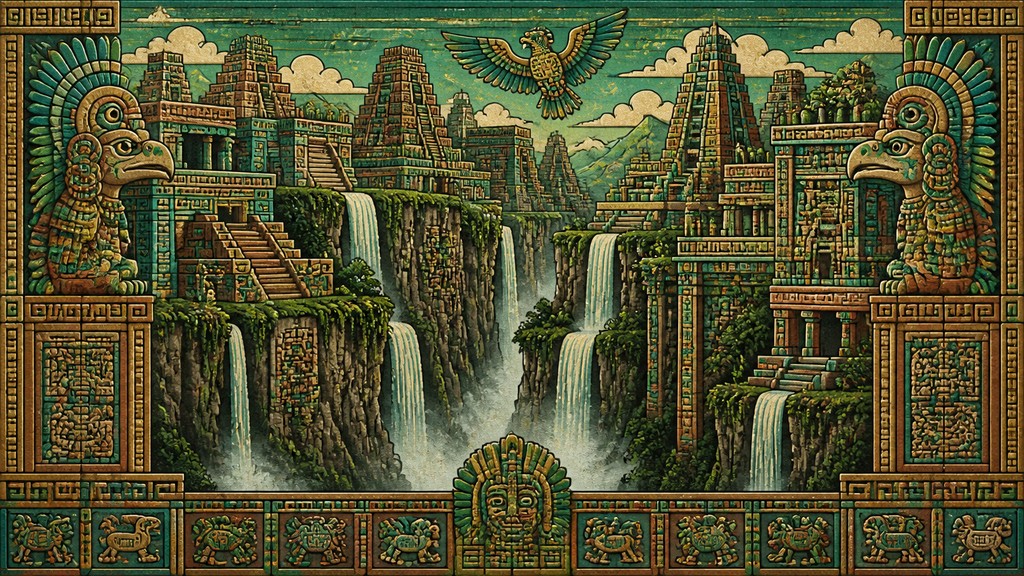 a cliffside city with waterfalls cascading into a misty canyon, wide establishing shot, no people, no text