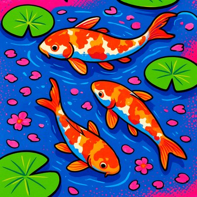 A koi pond seen from above, orange and white koi fish swimming among lily pads, clear water with subtle ripples, fallen cherry blossom petals floating on the surface, dappled sunlight