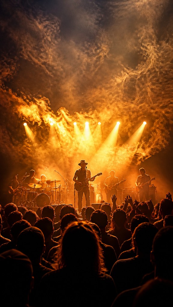 a live music scene with a glowing stage and silhouetted crowd, energetic vertical composition with open space at the top, no text