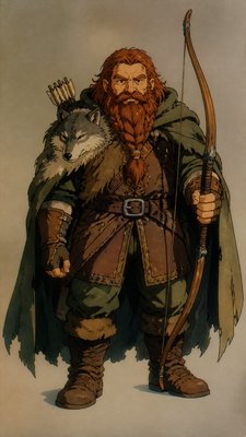 full-body original character: a dwarven ranger with a braided auburn beard, worn leather armor, a longbow and a wolf-pelt cloak, neutral background, no text