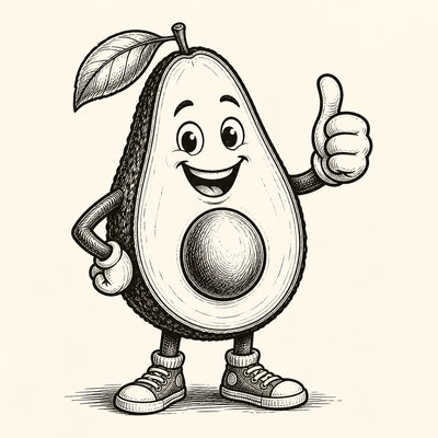 a happy avocado character giving a thumbs up, bold readable design on a plain background, no text