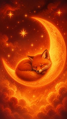 a sleeping baby fox curled on a crescent moon among soft stars, gentle and warm, no text