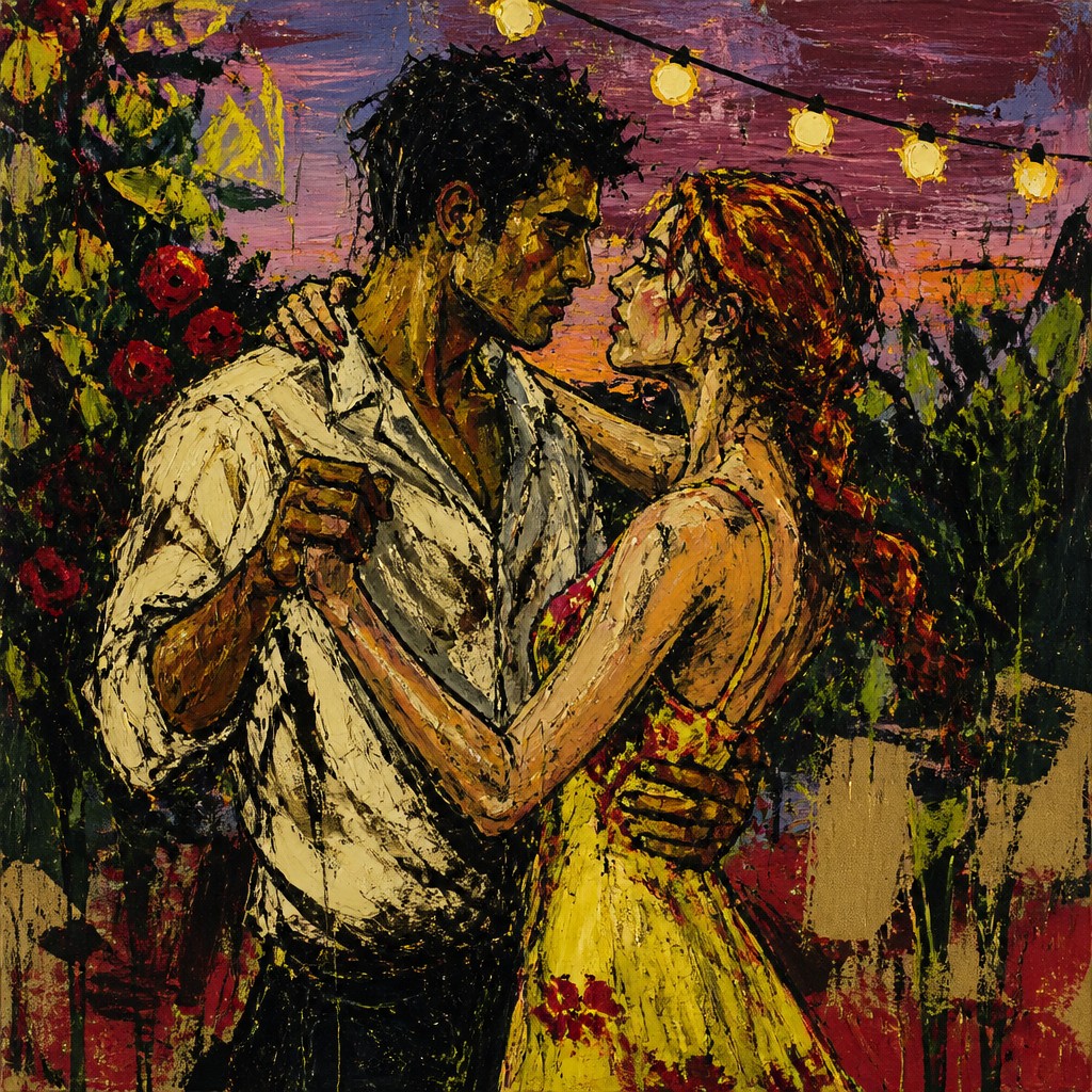 an original couple dancing under string lights in a garden at dusk: a man with short black hair in a linen shirt and a woman with braided red hair in a summer dress
