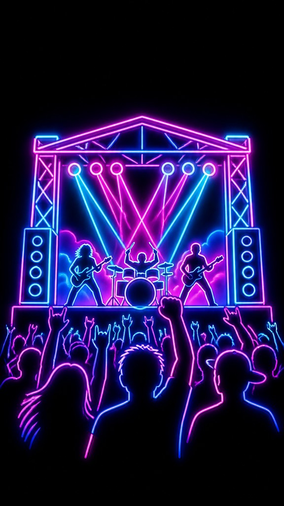 a live music scene with a glowing stage and silhouetted crowd, energetic vertical composition with open space at the top, no text