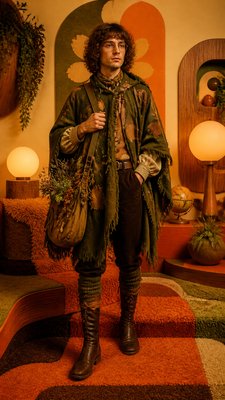 full-body original character: a wandering botanist with a satchel of plants, a patched green cloak, tall boots and round glasses, neutral background