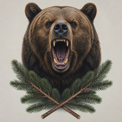 a roaring bear head above crossed pine branches, bold graphic composition on a plain background, no text
