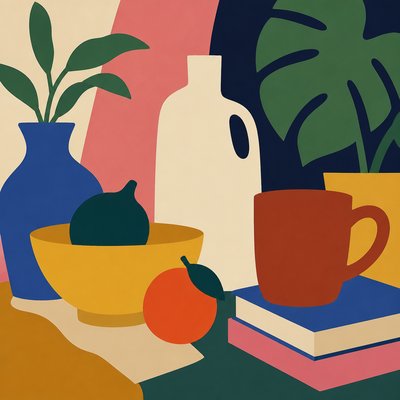 still life with everyday objects — Flat Shape Art Style