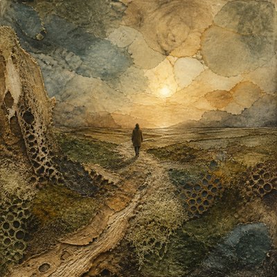 a solitary figure walking toward a glowing horizon across an empty plain, moody atmosphere, no text or lettering