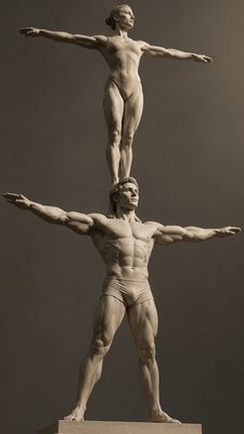 olympic male acrobat balancing a female acrobat standing on his shoulders