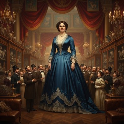 Victorian Oil Painting Art Style, Historical Digital Art Style, a rich and detailed full-body portrait of the famous giantess Anna Swan standing in the center of a lavish, gaslit exhibition hall at P.T. Barnum's American Museum in the 1860s. She is towering over the surrounding crowd of average-sized gentlemen in top hats and ladies in bonnets, whose heads only reach her waistline; they look up at her with expressions of awe and curiosity. Anna is dressed with immense dignity in a fashionable, expansive Victorian silk gown with a crinoline hoop skirt, tailored bodice, and lace trim. Her face is gentle, intelligent, and composed. The background is crowded with heavy red velvet drapery, gilded architectural details, curiosities in glass cases, and painted circus banners faintly visible. The lighting is warm, dramatic gaslight, creating deep shadows and highlighting the rich fabrics and the incredible scale of Anna Swan compared to her environment.