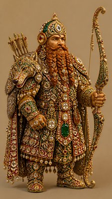 full-body original character: a dwarven ranger with a braided auburn beard, worn leather armor, a longbow and a wolf-pelt cloak, neutral background, no text