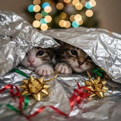 Macro Photography Style, Bokeh Background. A close-up, low-angle shot of two kittens' paws and faces peeking through a mountain of crinkled metallic silver wrapping paper. Include high-detail shredded ribbons, curly gold bows, and scattered glitter. In the background, the blurred, twinkling lights of a Christmas tree create a soft glow. The focus must be razor-sharp on the tiny whiskers and the reflective sheen of the torn paper.