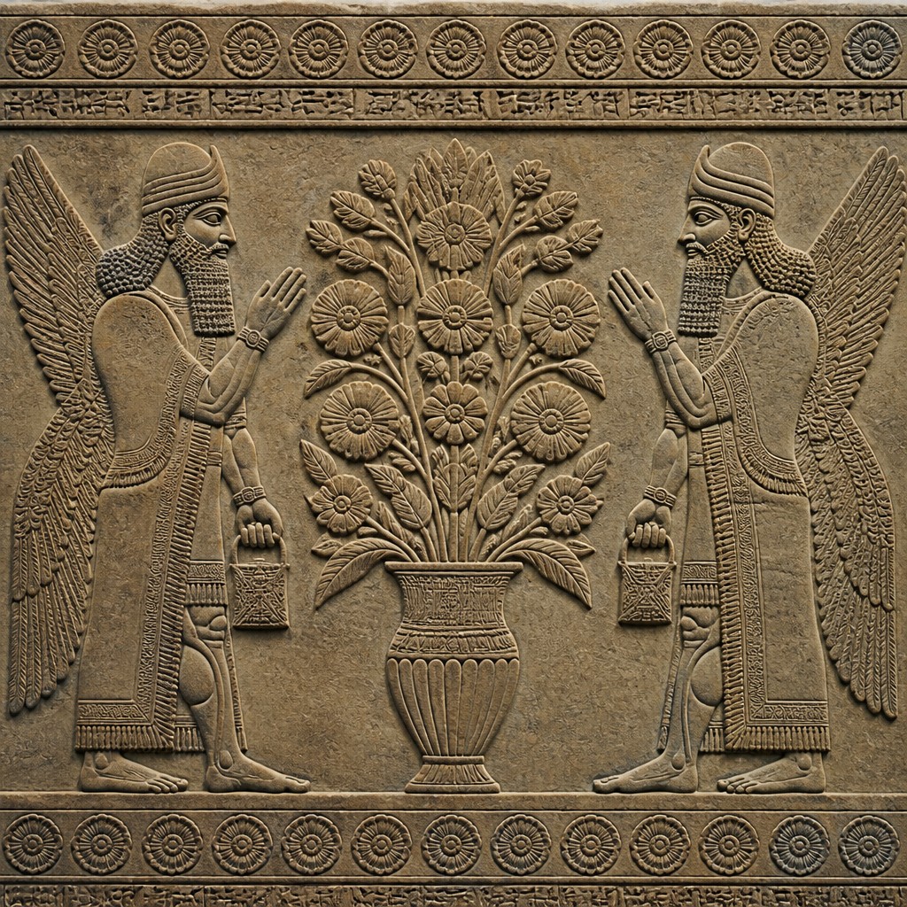 bouquet of flowers in a glass vase — Mesopotamian Relief Art Style