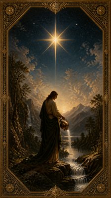 a robed figure pouring water beneath a large eight-pointed star in a night sky, symmetrical composition with an ornate decorative border, no text