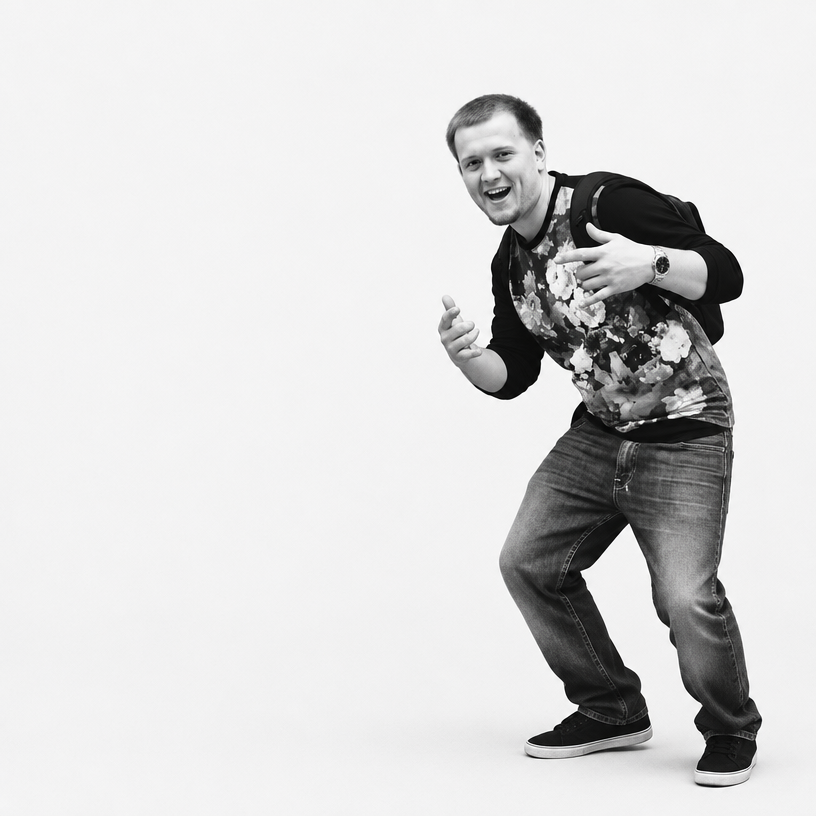 a man in a black and white photo giving a thumbs up
