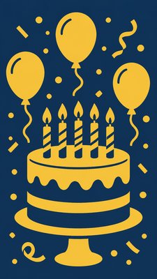a birthday cake with lit candles surrounded by balloons and confetti, festive vertical composition, no text
