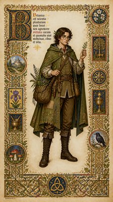 full-body original character: a wandering botanist with a satchel of plants, a patched green cloak, tall boots and round glasses, neutral background