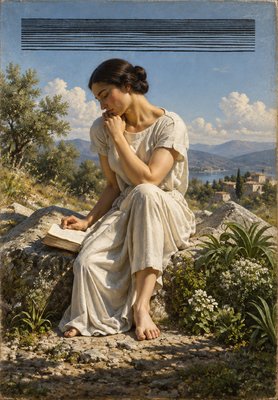 a painting of a woman sitting on a rock reading a book