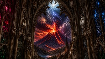 an erupting volcano with lightning strikes, dramatic wide composition, no text