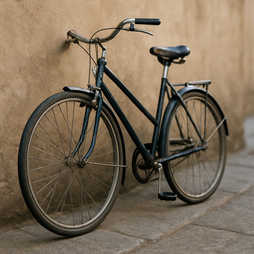 bicyle resting against a wall