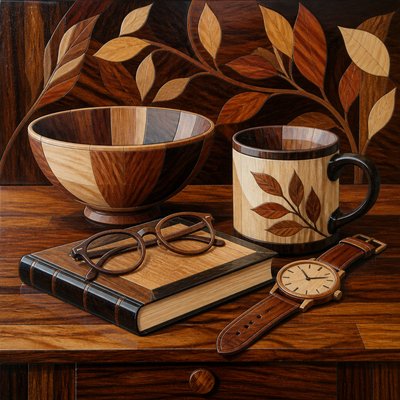 still life with everyday objects — Marquetry Art Style
