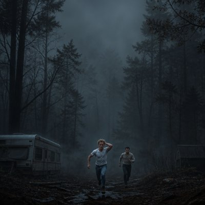 Ok tu me fait 2 personnages de roman , on va commencer avec un  jeune homme la vaingtaine dans la trentaine tres beau il est blond, il passe sa main dans ses cheveux, on voit le biceps il est en T-shirt blanc avec un jean à côté de lui, il se trouve un autre un homme dans les 40 ans, et alors là je veux que tu les cheveux noirs bouclé, sur les côtés, il a pas de lunettes il est en chemise, un daddy pas de barbe, pas de moustache. il a l’air d’être écrivant ou maire physiquement, il ressemble à tom loftis de widow bay , il a une chemise un peu démodé genre beige à carreaux  et je veux que par rapport à l’image, il soit vraiment tout en bas genre un vrai roman quoi les deux personnages sont vus de loin en bas avec une ambiance énorme Une ambiance assez froide avec un brouillard glaçant autour d’eux une forêt, un caravane je sais pas une ambiance vraiment inquiétante et vraiment je veux une ambiance comme si on parlait d’un roman genre le blond au milieu. On dirait qu’il court tous les deux ou qu’il fuit comme dans sa roman. En fait derrière eux l’ambiance angoissante ils sont devant.