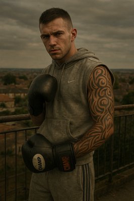 a man with a tattoo on his arm wearing boxing gloves