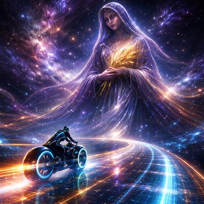 Neon-Futurism Digital Art Style, Bioluminescent Sci-Fi Cosmic Setting. A sleek, futuristic scene set deep in the interstellar void, with absolutely no Earth terrain, asphalt, or atmosphere visible.

The Path (The Ecliptic): The "road" is a floating, translucent highway constructed entirely of glowing blue and orange laser grids and condensed stardust, arcing through infinite dark space.

The Rider: A lone rider on a futuristic, hubless "light-cycle" sportbike speeds along this cosmic path. The rider is fully encased in a sleek, glowing armored suit with an integrated full-face helmet, leaving a vibrant neon light trail behind them.

The Constellation (Modest Virgo): Dominating the cosmic background is the immense celestial avatar of Virgo, portrayed with a traditional, honorable, and modest virginal look. She is fully clothed in voluminous, flowing robes woven from shimmering stardust, deep violet nebulae, and golden light threads that cover her from neck to toe. A dignified, star-studded veil or hood frames her face. She is a majestic, modest queen of the cosmos, holding a sheaf of wheat made of glowing stars, looking down calmly at the rider.