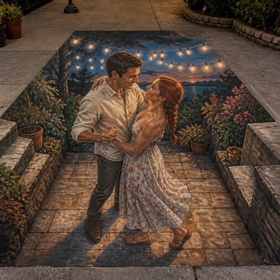 an original couple dancing under string lights in a garden at dusk: a man with short black hair in a linen shirt and a woman with braided red hair in a summer dress