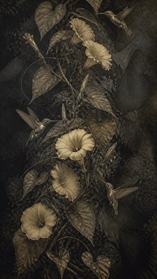 a climbing vine of flowers and hummingbirds on a dark background, tall wrapping composition, no text
