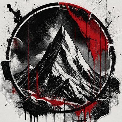 an emblem of a mountain peak inside a circle, simple bold shapes on a plain background, no text or lettering