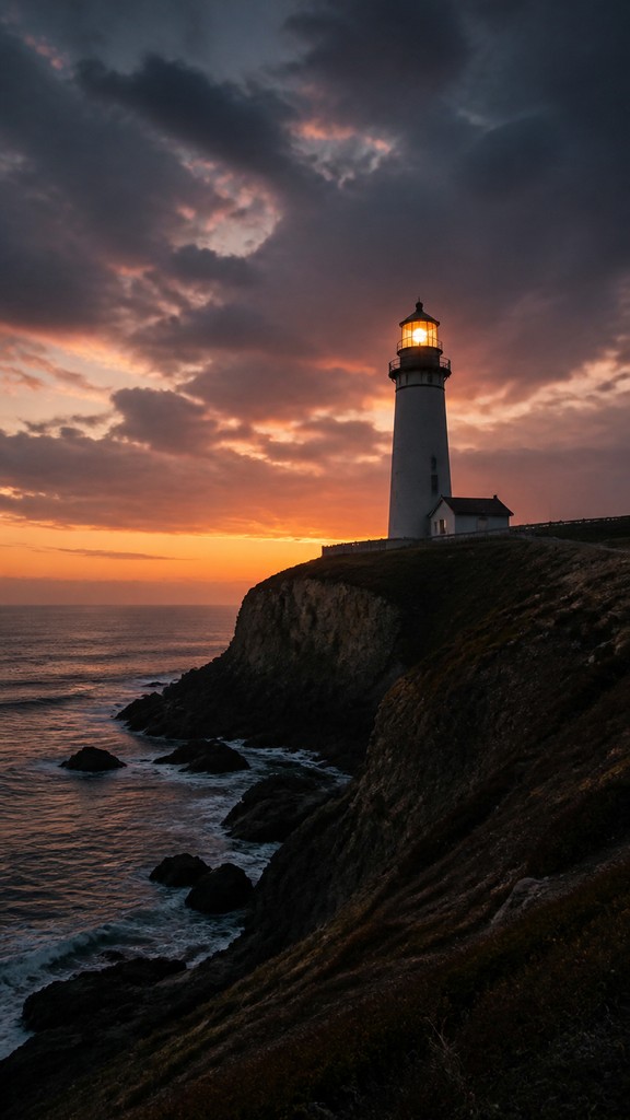a lone lighthouse on a cliff at dusk under a dramatic sky, no text or lettering