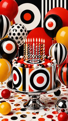 a birthday cake with lit candles surrounded by balloons and confetti, festive vertical composition, no text