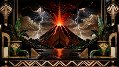 an erupting volcano with lightning strikes, dramatic wide composition, no text