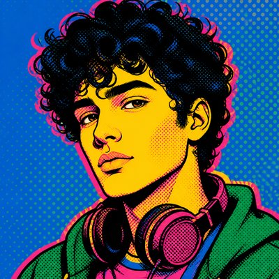 head-and-shoulders portrait of an original character: a young man with curly dark hair and headphones around his neck, plain backdrop, no text