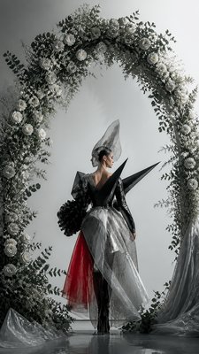 an arch of white roses and eucalyptus in soft morning light, elegant vertical composition with open space, no text