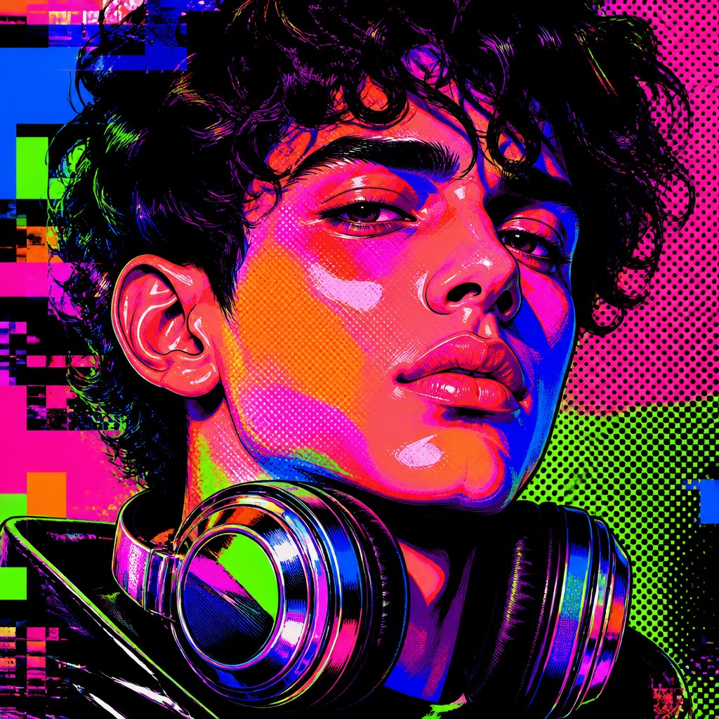 head-and-shoulders portrait of an original character: a young man with curly dark hair and headphones around his neck, plain backdrop, no text