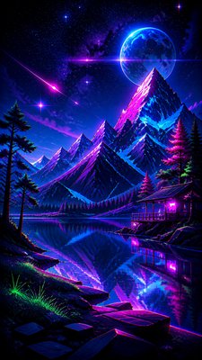 a tranquil mountain lake beneath a starry night sky, no people, no text