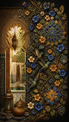 a climbing vine of flowers and hummingbirds on a dark background, tall wrapping composition, no text
