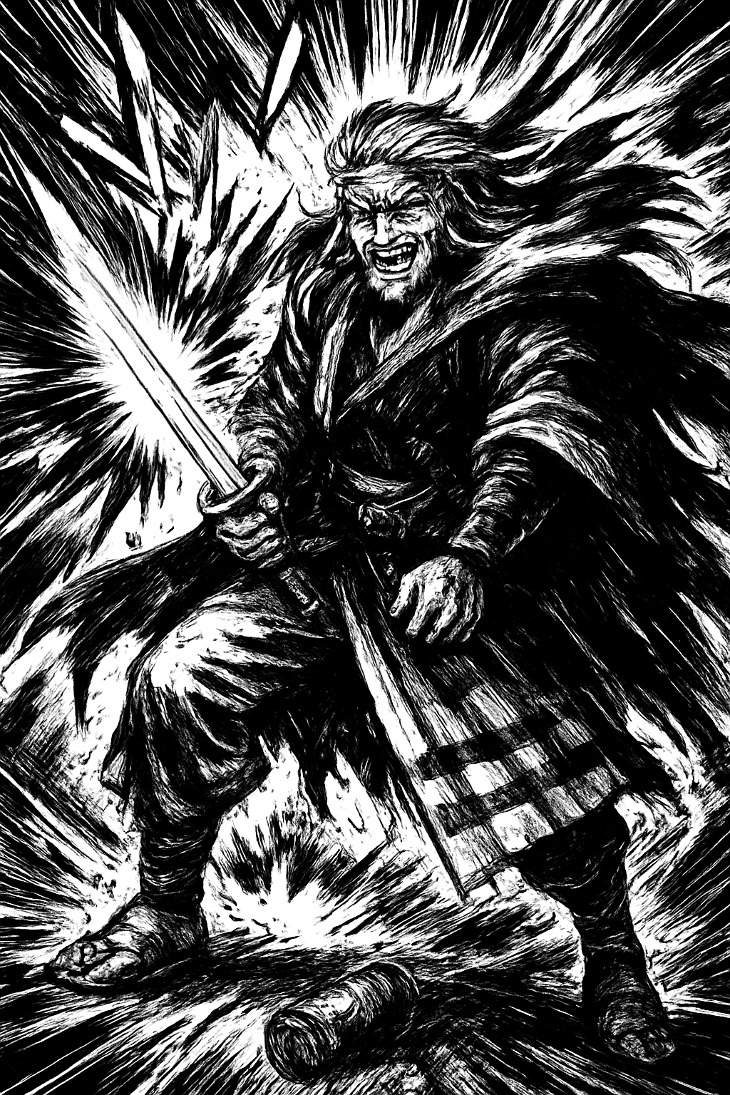 a black and white drawing of a man holding a sword