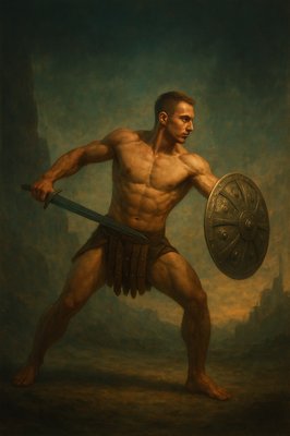 a painting of a man holding a sword and a shield
