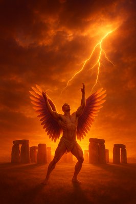 a painting of a man standing in a field with a lightning bolt in the background