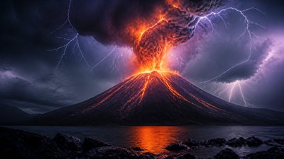 an erupting volcano with lightning strikes, dramatic wide composition, no text