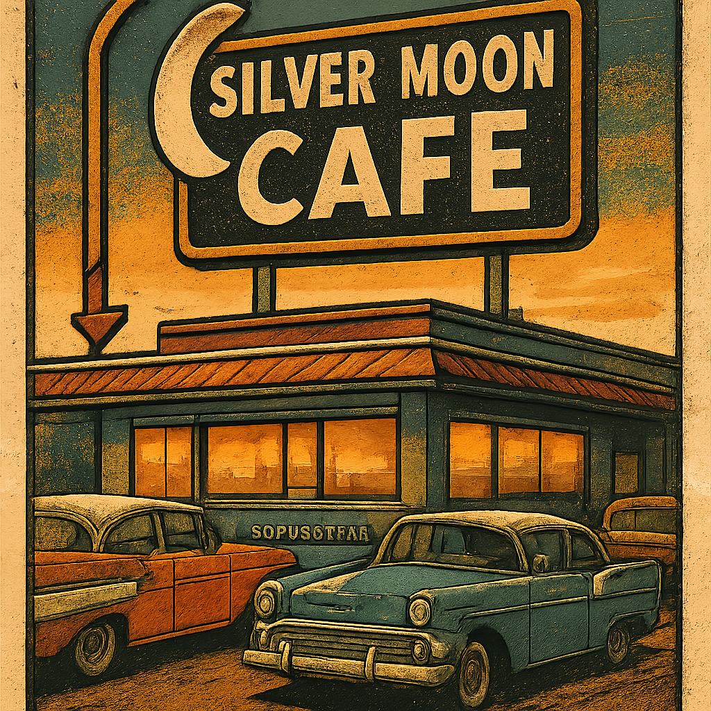 Generate a warm and inviting image of the Silver Moon Cafe in Santa Rosa, New Mexico, as it might have appeared in the 1950s or early 1960s. The focus should be on its classic diner exterior, featuring a prominent sign with its name. Show a few vintage cars from the era, such as a Chevrolet Bel Air or a Ford Fairlane, parked outside. The lighting should evoke a late afternoon or early evening glow, with a hint of warm light emanating from the cafe's windows. Capture the nostalgic, unpretentious atmosphere of a vital stop on Route 66, suggesting a place where travelers and locals alike would find comfort food and a friendly welcome. The style should be realistic but with a slightly enhanced, cinematic feel that highlights the retro charm