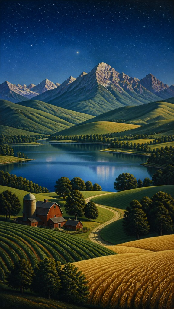 a tranquil mountain lake beneath a starry night sky, no people, no text