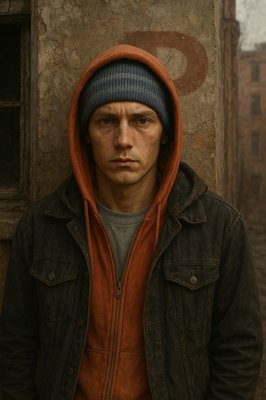 a man with a hoodie on standing in front of a building