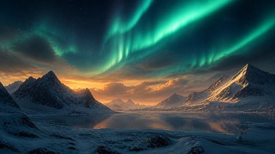 a flowing aurora over snowy peaks, wide sweeping composition, no people, no text