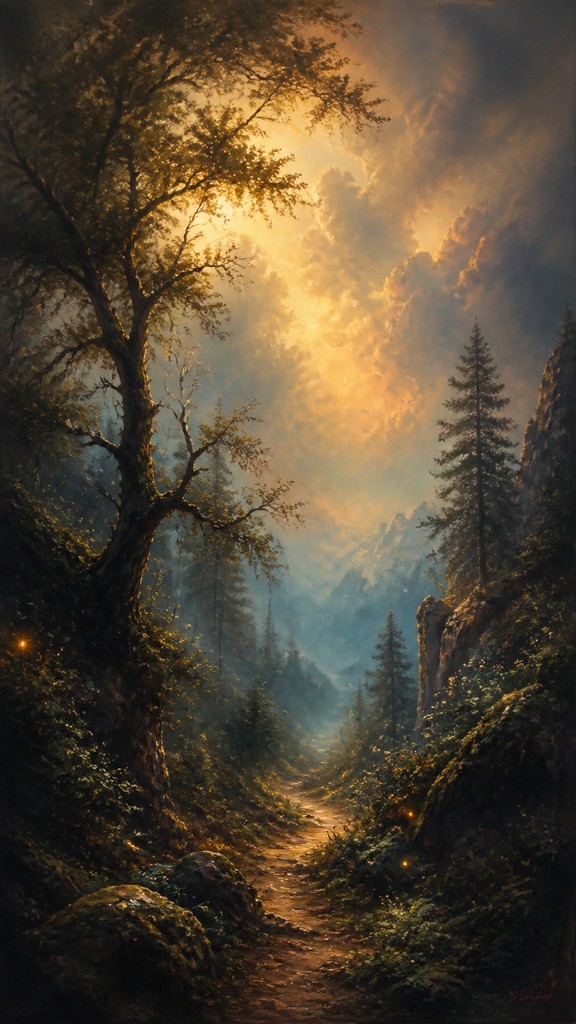 a mysterious forest path with fireflies and drifting mist, atmospheric vertical composition with open space at the top, no text
